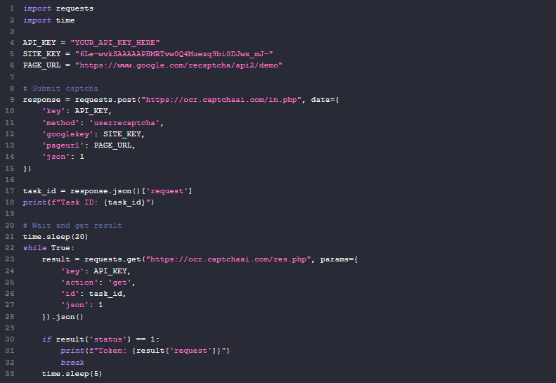 Python code example for using CaptchaAI API to solve reCAPTCHA v2.png
